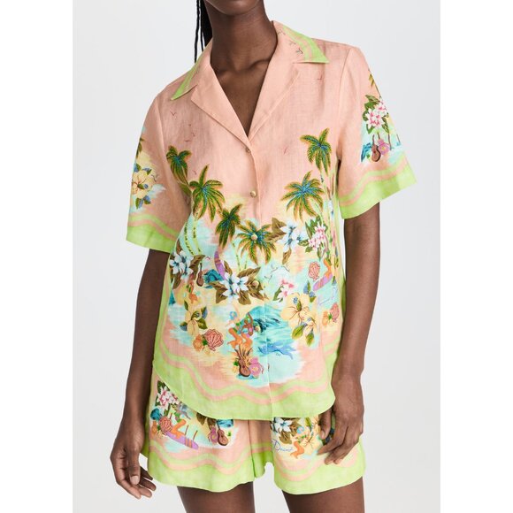 Alemais Tops - NWT Alemais Mermaid Point Oversized Linen Camp Shirt Tropical Hawaiian Pink US 2